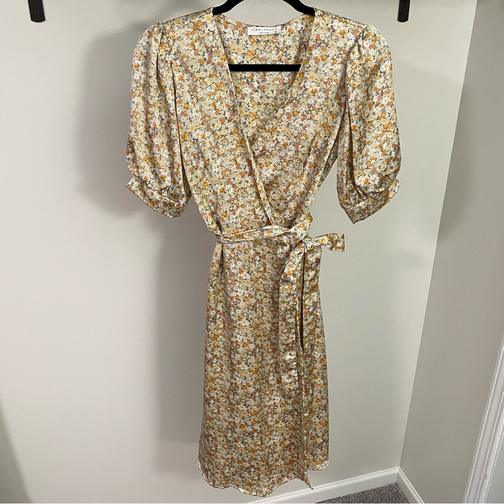 Sage Green Floral Puff Sleeve Wrap Midi Dress